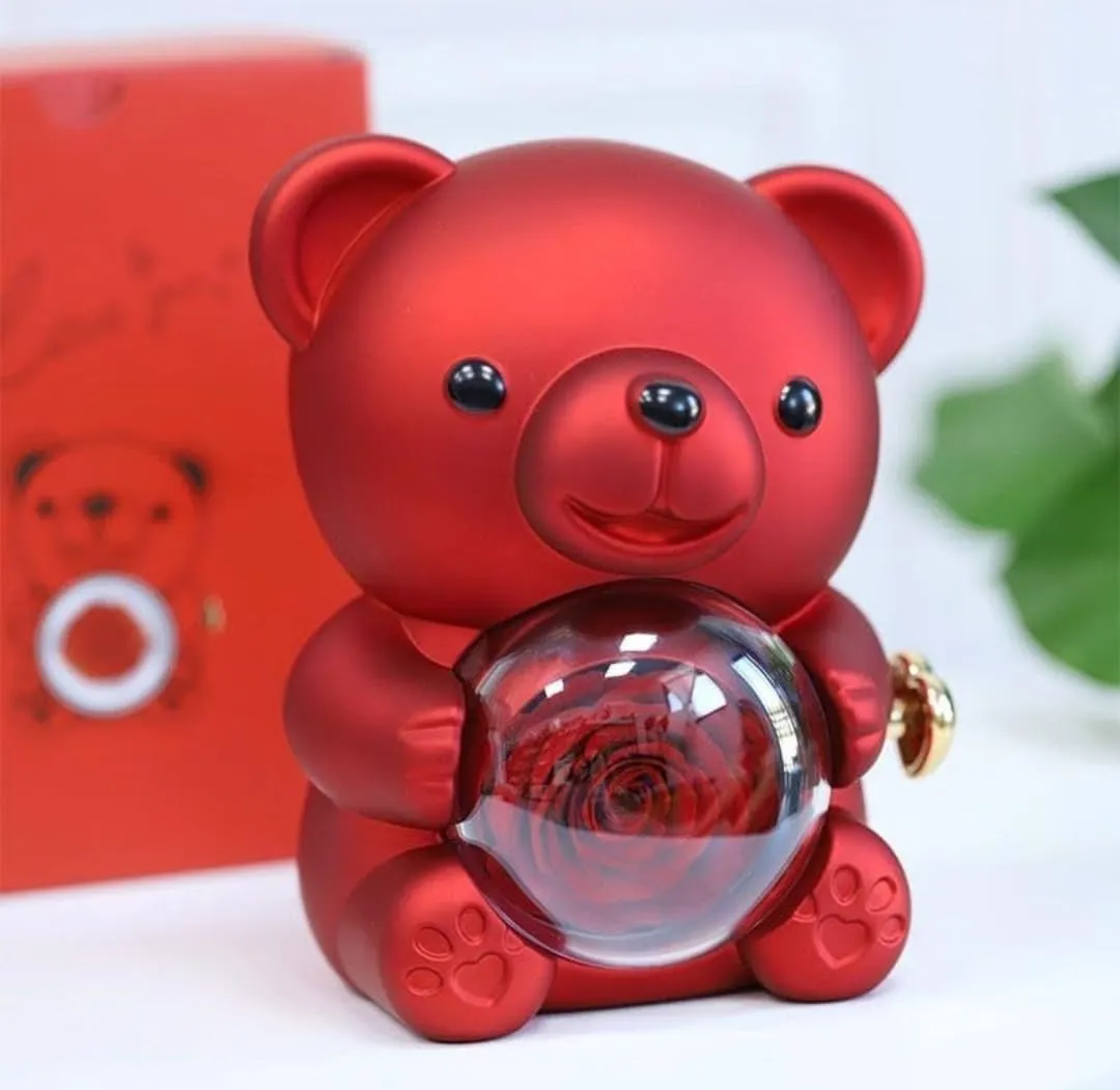 Teddy Bear Shaped Ring Box – Romantic Bear With Preserved Rose Gift Box For Engagement, Wedding, Proposal