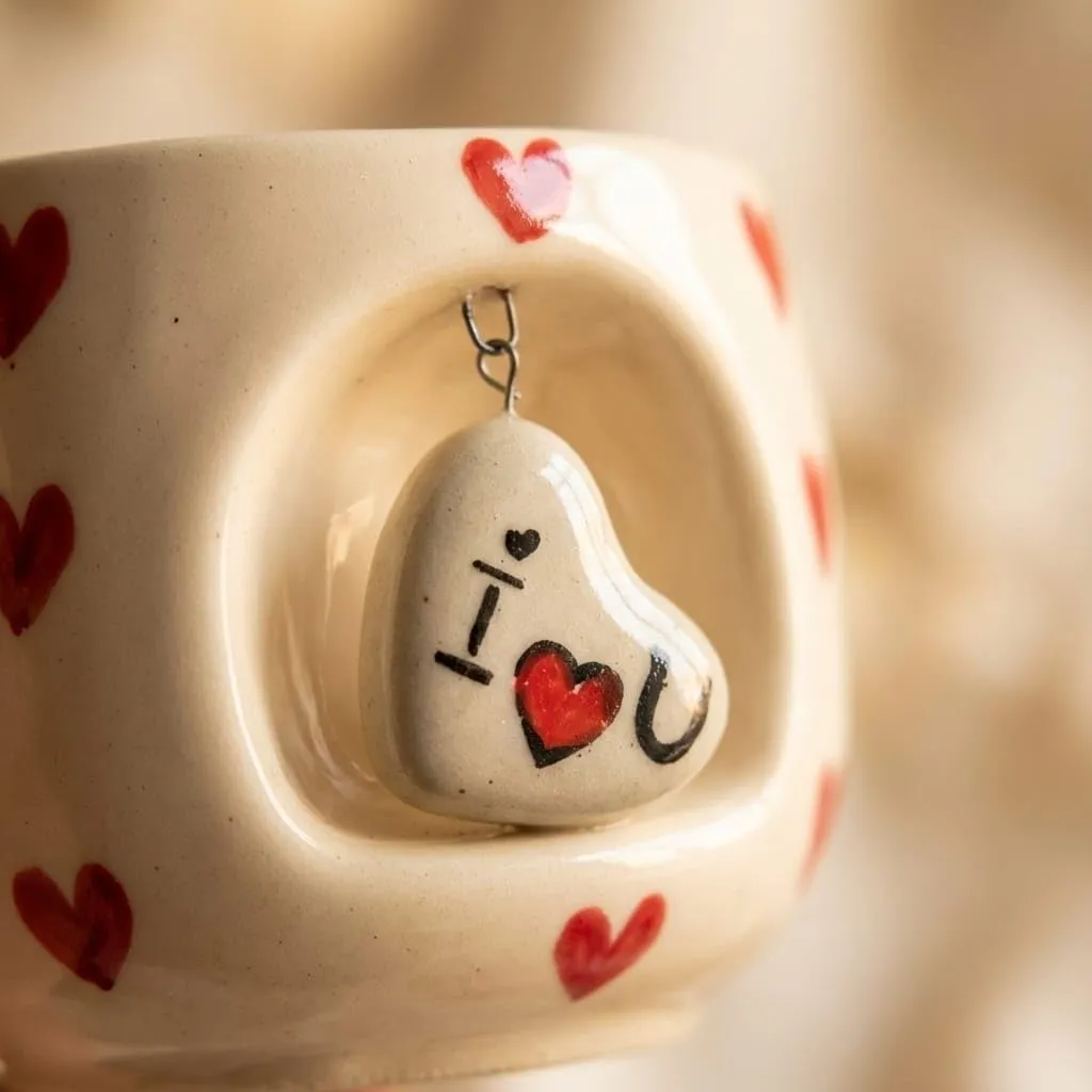 Ceramic Coffee Mug 350ml with 3D Hanging Heart Pendant, Hand-Painted Heart Patterns, Speckled Finish, Dangling Charm