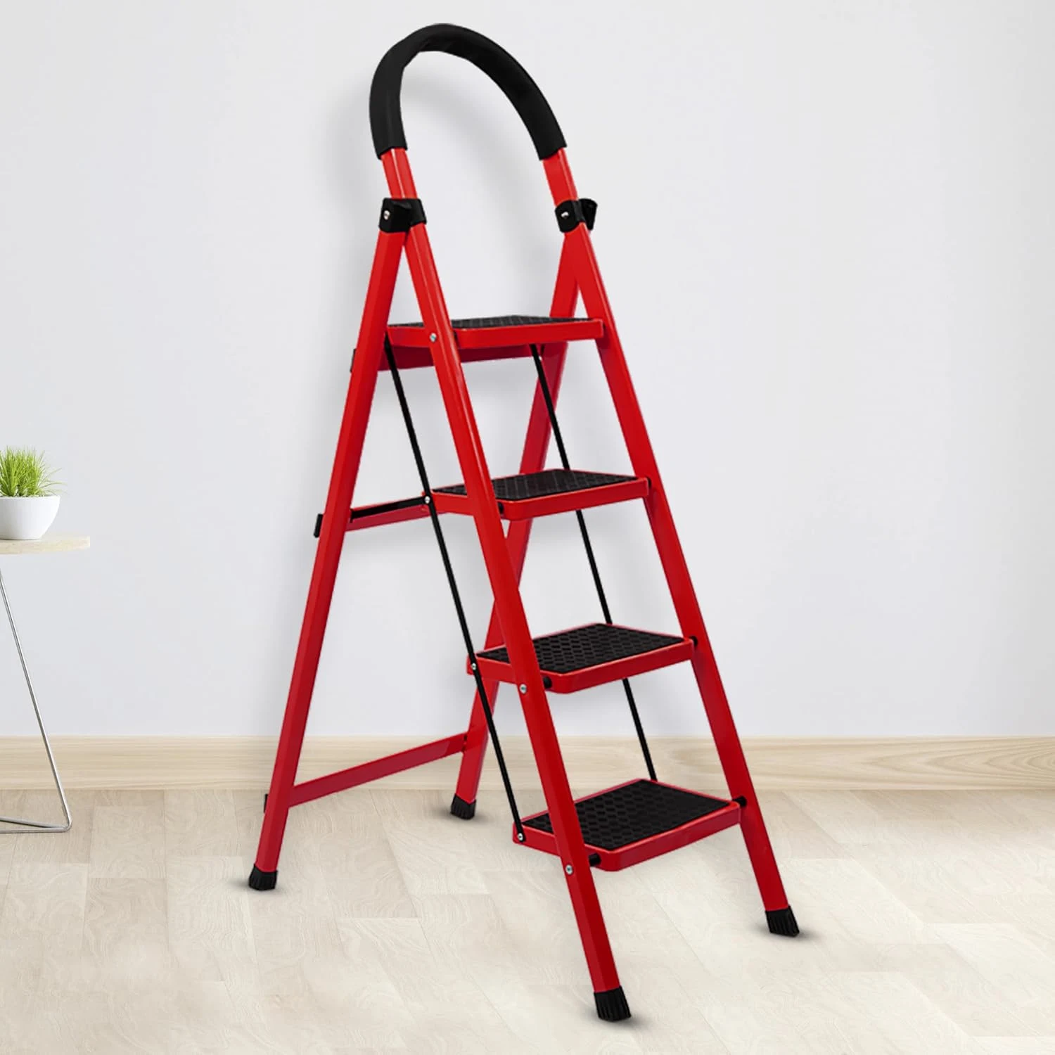 Premium GI Steel Foldable 4 Step Ladder for Home/Wide Anti Slip (Red & Black)