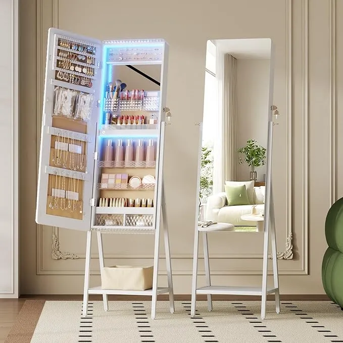 LED Standing Jewelry Mirror Cabinet, Stand Up Full Length Mirror with Storage, Lockable Floor Jewelry Armoire Organizer with 2 Drawers