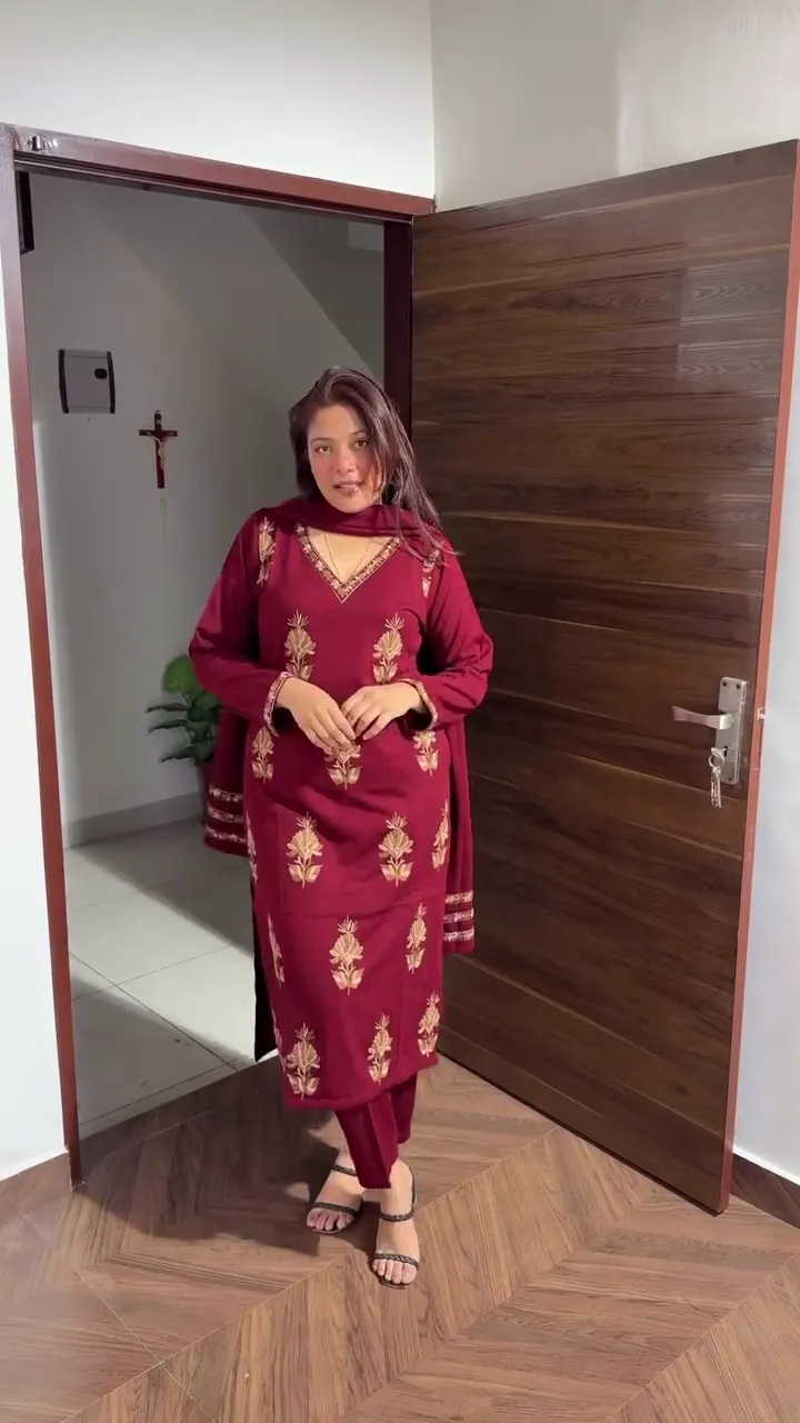 Maroon Straight Kurta with Golden Thread Embroidery, Matching Pants and Coordinated Dupatta Festive Suit Set