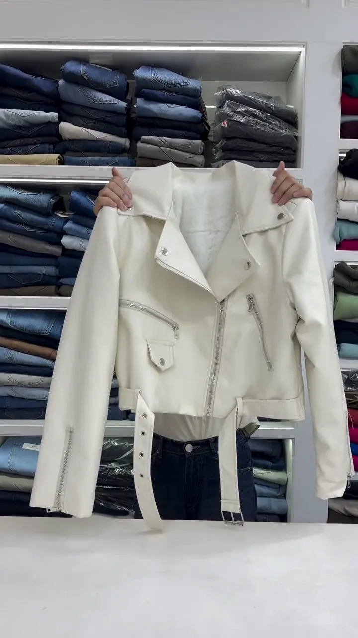 Ivory Faux‑Leather Belted Moto Jacket with Asymmetric Zip, Lapel Collar and Zip‑Detail Sleeves for Women