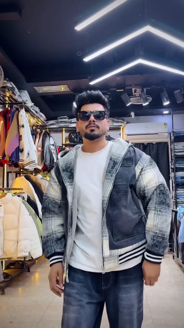 Grey Plaid & Washed Denim Panel Zip Hoodie Jacket with Striped Rib Hem for Casual Winter Street Style