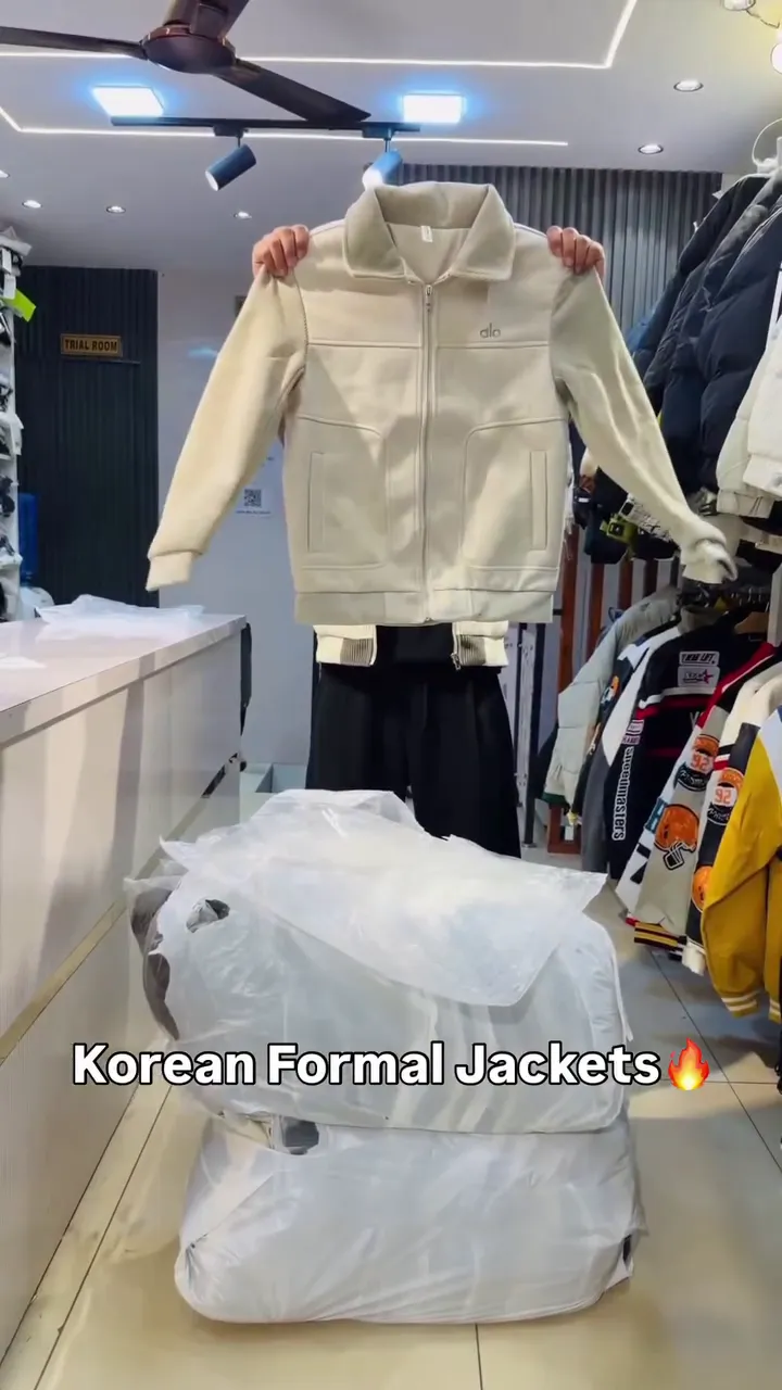 Beige & Grey Korean‑Style Formal Bomber Jacket with Contrast Ribbed Sleeves and High Collar for Men