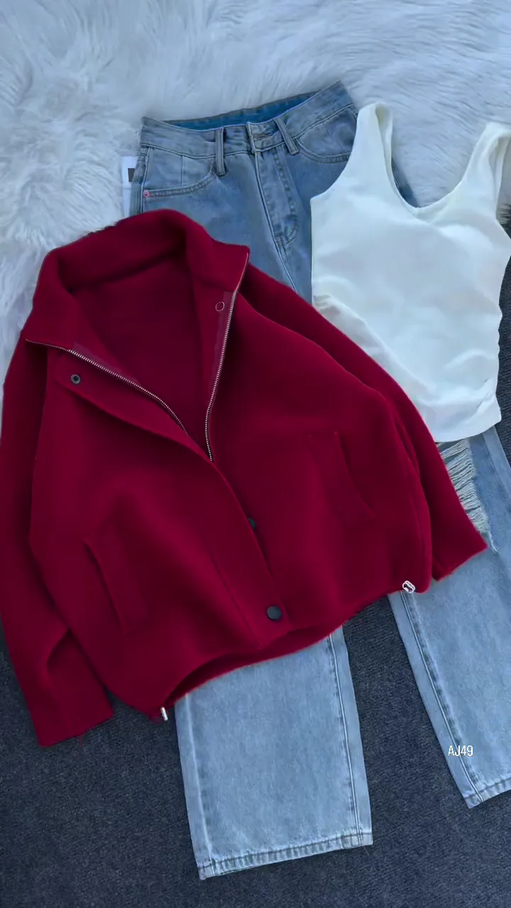 ed Cozy Button‑Front Winter Jacket with White Ribbed Tank Top and Light‑Wash Wide‑Leg Ripped Jeans Casual Outfit Set