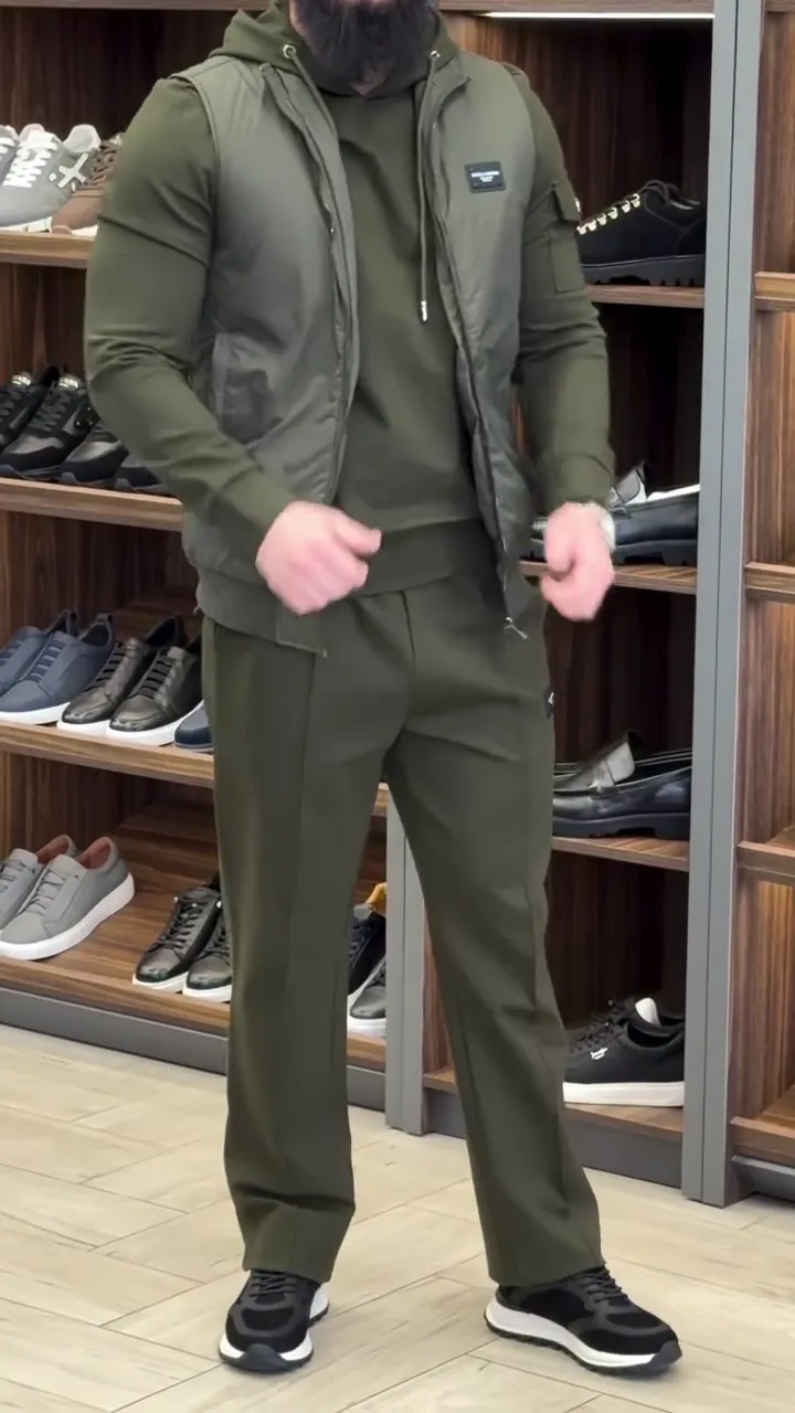 Olive Green Athleisure Co‑ord with Slim Hoodie, Sleeveless Puffer Vest and Tailored Jogger‑Style Trousers for Men