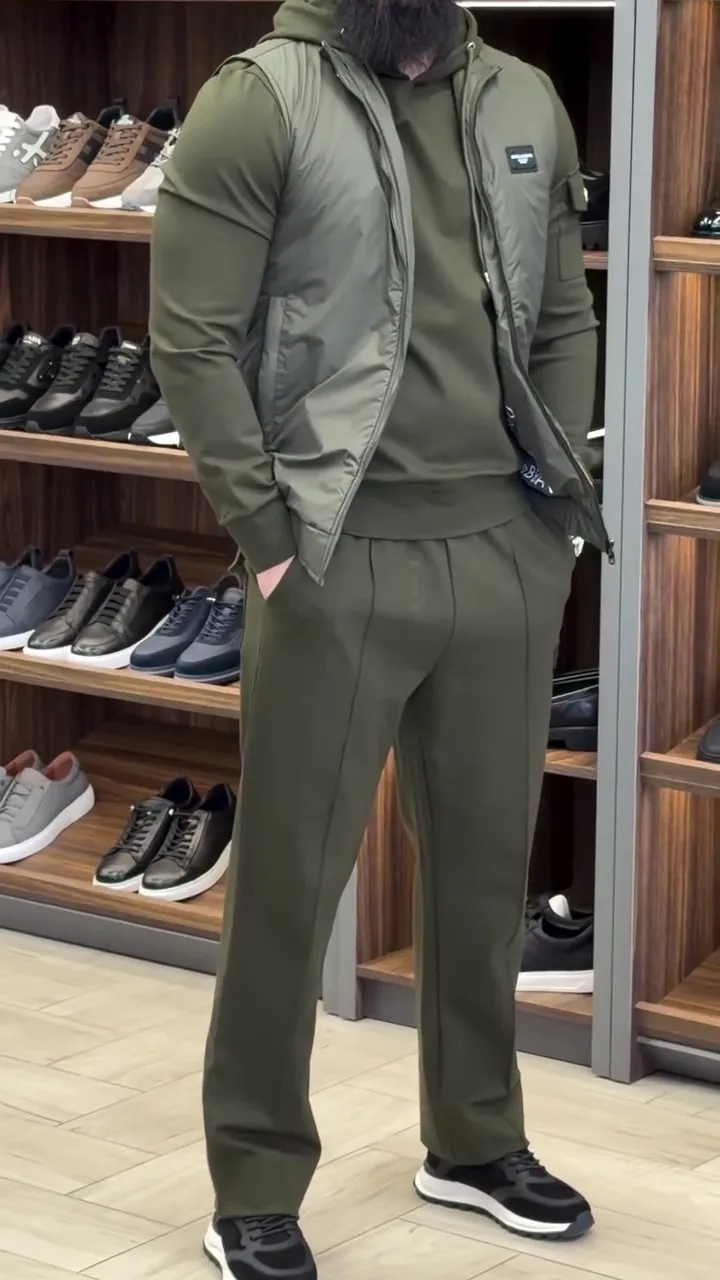 Olive Green Athleisure Co‑ord with Slim Hoodie, Sleeveless Puffer Vest and Tailored Jogger‑Style Trousers for Men