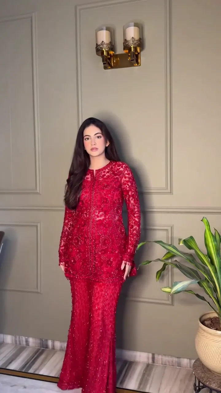 Deep Red All‑Over Embellished Long Straight Kurta with Matching Flared Sharara Pants Festive & Wedding Suit Set