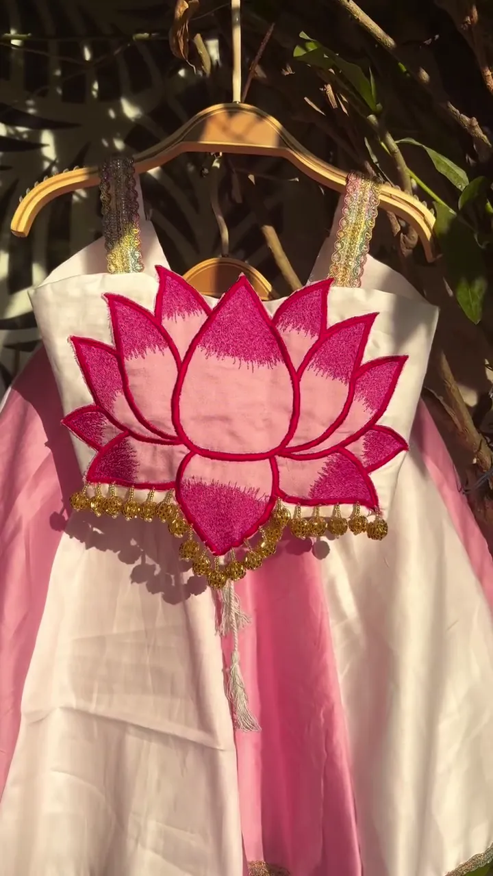 Pink & White Lotus‑Motif Embroidered Blouse with Flared Panel Lehenga Traditional Festive Set for Girls & Women