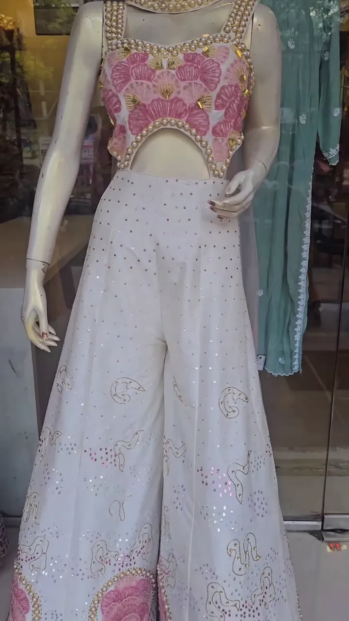 Ivory Embellished Cut‑Out Crop‑Top with High‑Waist Wide‑Leg Palazzo Trousers Indo‑Western Party Set